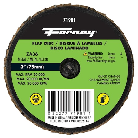 Forney Quick Change Flap Disc, 36 Grit, 3 in 71981